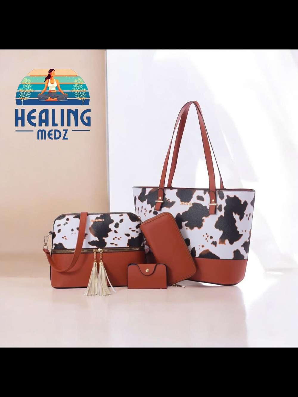 Women's 4pcs Set PU Cow Pattern Handbag, Large Capacity Crossbody Bag
